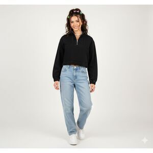8th of LA Black Denim Cropped Pullover Jacket Quarter Zip Elastic Cuff Sz L